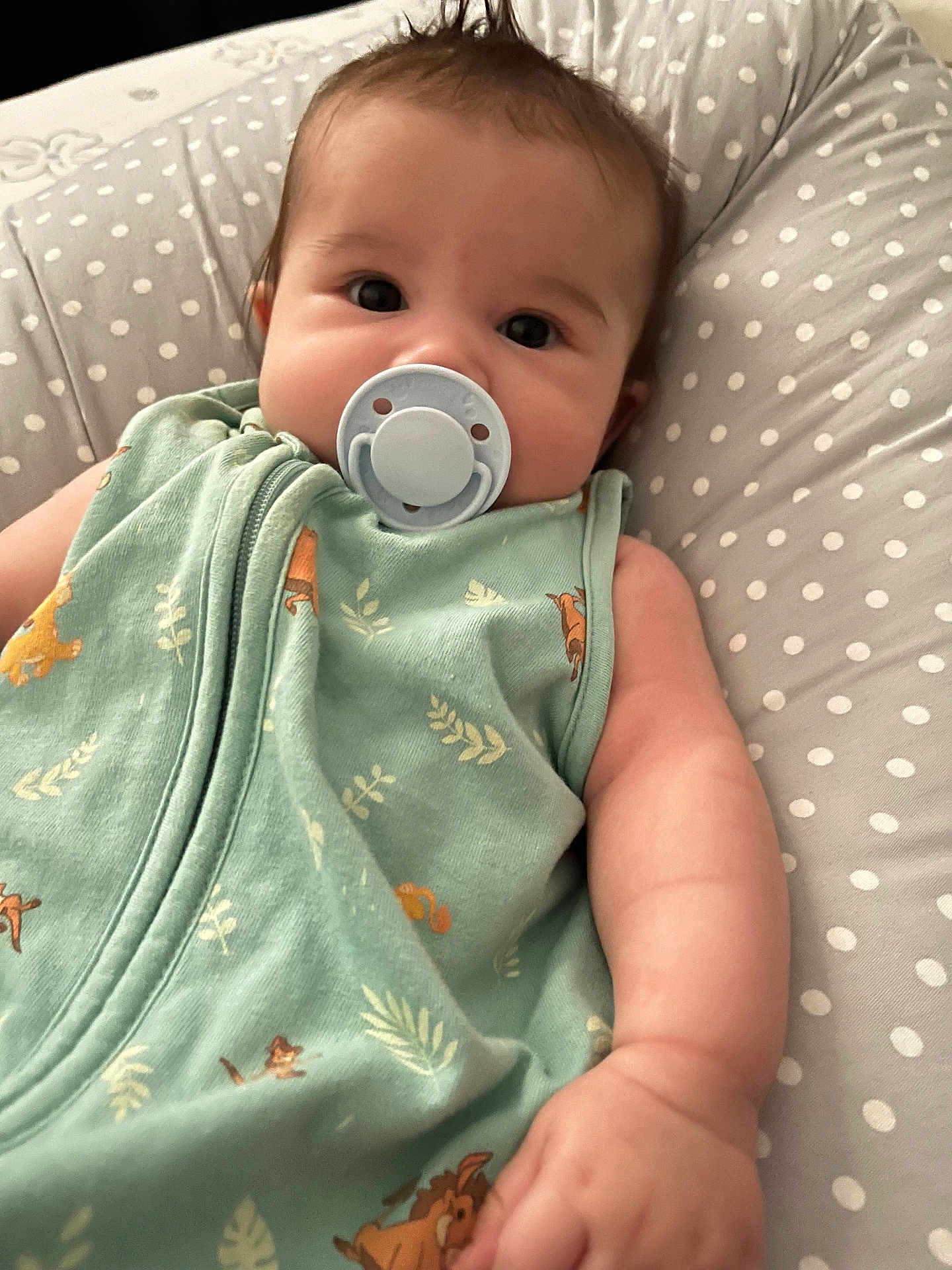 évy participe au concours pour gagner de l'argent avec cette photo : baby, pacifier, green_clothing, animal_print, polka_dot, cushion, infant, child, sleeping_sack, cute, portrait, closeup, soft_lighting, indoors, chubby_cheeks, hand, face, young_child, resting, cozy