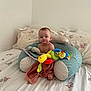 Esmé-Ivy is registered to the contest to win money with this photo: baby, child, bed, pillow, blanket, toy, plush_toy, indoor, face, person, cute, infant, sitting, comfort, home, soft_lighting, colorful, neutral_expression, floral_pattern, cozy