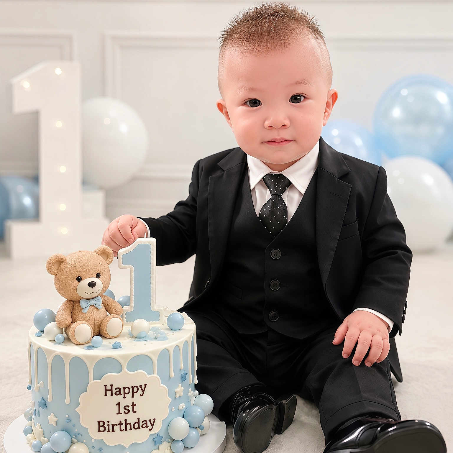 Danis joined the competition — help win amazing prizes! baby, child, toddler, birthday, cake, teddy_bear, suit, tie, black_clothing, portrait, sitting, smiling, balloons, number_one, indoor, celebration, party, decorations, photography, happy_birthday