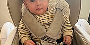 Sohan participe au concours pour gagner de l'argent avec cette photo : adorable, baby, big_eyes, buckled, chair, curious_expression, hands, harness, high_chair, indoors, infant, legs, long_sleeves, neutral_background, pants, portrait, sitting, soft_light, striped_shirt, window
