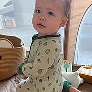 Callum joined the competition — help win amazing prizes! baby, basket, child, curious, cute, expression, face, foot, home, indoors, kneeling, light, mesh_screen, pajamas, quilted_mat, soft_toys, toddler, toy, vegetable_pattern, window