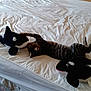 Mouse is registered to the contest to win money with this photo: cat, tabby_cat, bed, white_bed_sheet, stuffed_animal, orca, toy, indoor, relaxed, paw, feline, striped, sleepy, pet, animal, furniture, room, soft_light, wall, graffiti