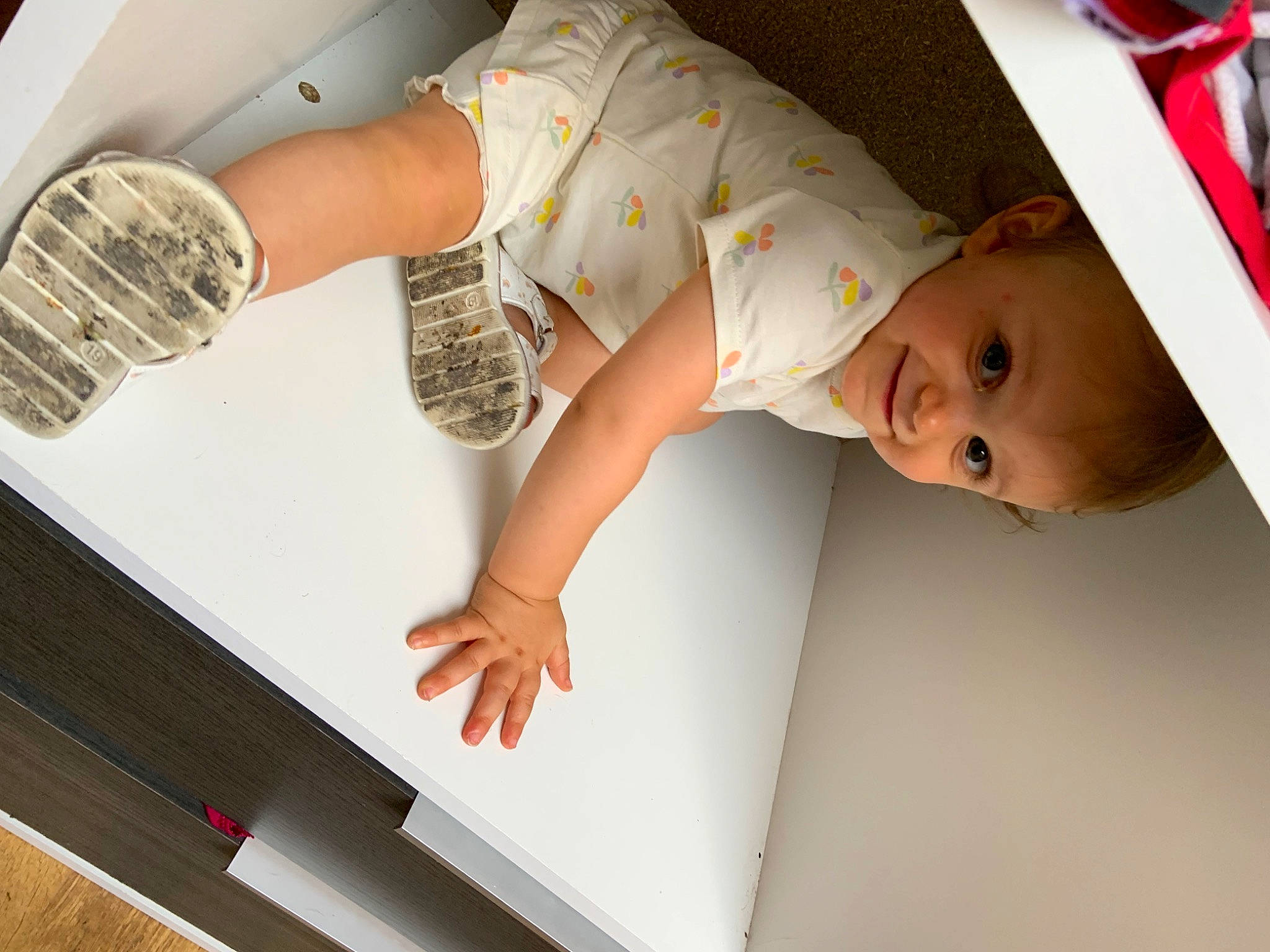 Clélia a rejoint le concours — aidez-le/la à gagner de superbes lots ! baby, baby_toddler_clothing, child, comfort, elbow, gesture, joy, pattern, person, room, sleeve, smile, toddler, wood