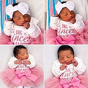 Kamori is registered to the contest to win money with this photo: newborn, baby, infant, sleeping, portrait, collage, four_panel, pink, tutu, bow, headband, onesie, blanket, crib, close_up, face, smiling, adorable, indoor, photography