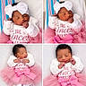 newborn, baby, infant, sleeping, portrait, collage, four_panel, pink, tutu, bow, headband, onesie, blanket, crib, close_up, face, smiling, adorable, indoor, photography