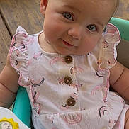 Piper joined the competition — help win amazing prizes! baby, child, infant, cute, smiling, dress, buttons, rainbow_print, activity_center, toys, colorful, face, head_tilt, wooden_floor, seat, playful, happy, portrait, indoors, person