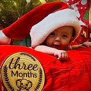 Ryder joined the competition — help win amazing prizes! baby, infant, santa_hat, christmas_tree, christmas_lights, wrapped_gifts, red_blanket, wooden_sign, elephant_illustration, holiday, festive, cute, smiling, face, child, indoors, celebration, seasonal, happy, portrait