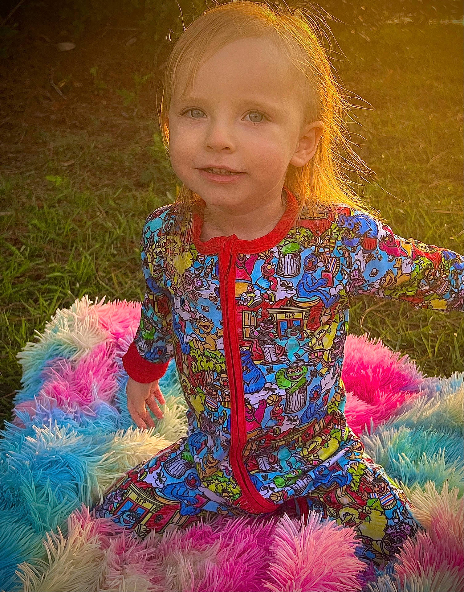 Emma is registered to the contest to win money with this photo: blanket, child, colorful, cute, face, golden_hour, grass, hair, happy, long_sleeve, nature, outdoor, pajamas, playful, portrait, sesame_street, smile, soft, sunlight, toddler
