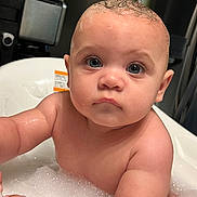 Jax joined the competition — help win amazing prizes! baby, bathing, bathtub, face, head, person, photography, portrait, sink, spitting, tub