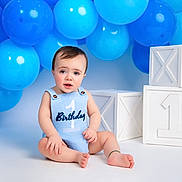 Jayden is registered to the contest to win money with this photo: baby, infant, child, balloons, blue_balloons, birthday, one_year, birthday_outfit, sitting, studio_portrait, decorative_blocks, number_one, anklet, cute, smile, face, blue_theme, white_background, party, photography