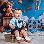 baby, toddler, child, sitting, blue_shirt, bow_tie, suspenders, wooden_chest, teddy_bear, stars, clouds, hot_air_balloon, suitcase, indoor, floor_reflection, white_shoes, cute, portrait, studio, decor