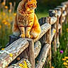 animal, cat, daylight, fence_post, flora, fur, garden, ginger_cat, grass, mammal, nature, outdoor, peaceful, pet, scenery, sitting, sunlight, wildflowers, wood, wooden_fence
