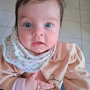 Elena participe au concours pour gagner de l'argent avec cette photo : baby, infant, blue_eyes, wide_eyes, bib, hand, onesie, portrait, cute, skin, face, hair, tile_floor, indoor, close_up, looking_at_camera, tiny_fingers, expression, soft_lighting, awake