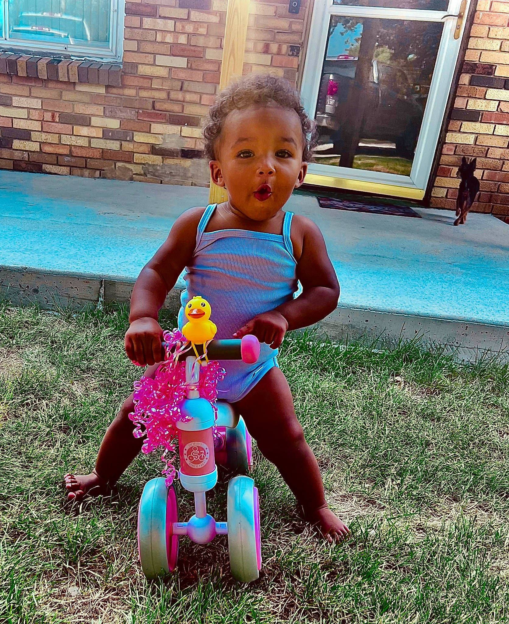 Liberty joined the competition — help win amazing prizes! baby, baby_toddler_clothing, child, cool, fun, grass, happy, leisure, magenta, people_in_nature, person, play, recreation, riding_toy, sitting, summer, tire, toddler, toy, water