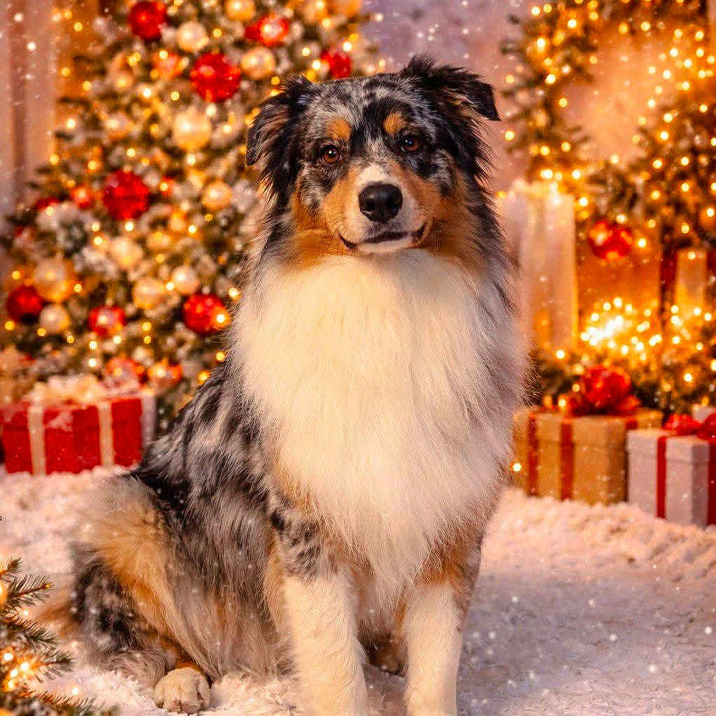 Aïko participe au concours pour gagner de l'argent avec cette photo : animal, australian_shepherd, celebration, christmas, christmas_tree, cute, decorations, dog, festive, fluffy, holiday_lights, holiday_spirit, indoors, pet, portrait, presents, seasonal, snow, warm_lighting, winter
