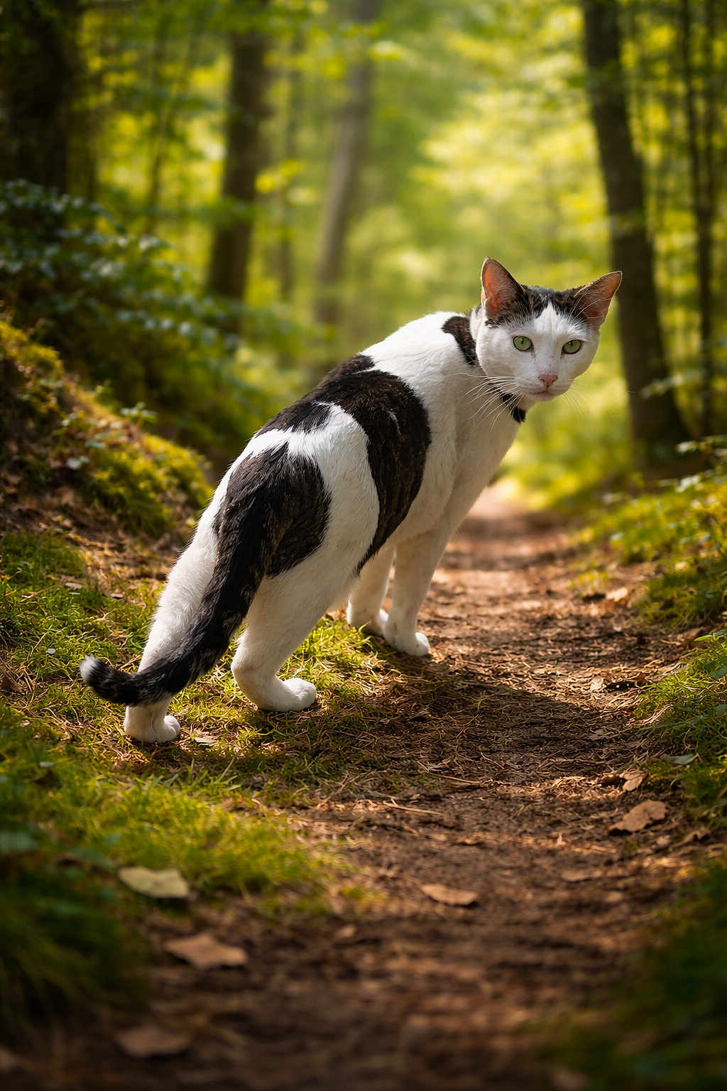 Kit-Kat is registered to the contest to win money with this photo: cat, tuxedo_cat, forest, woodland, path, trail, nature, outdoor, moss, greenery, sunlight, dappled_light, shallow_depth_of_field, animal, pet, walking, looking_back, portrait, feline, whiskers