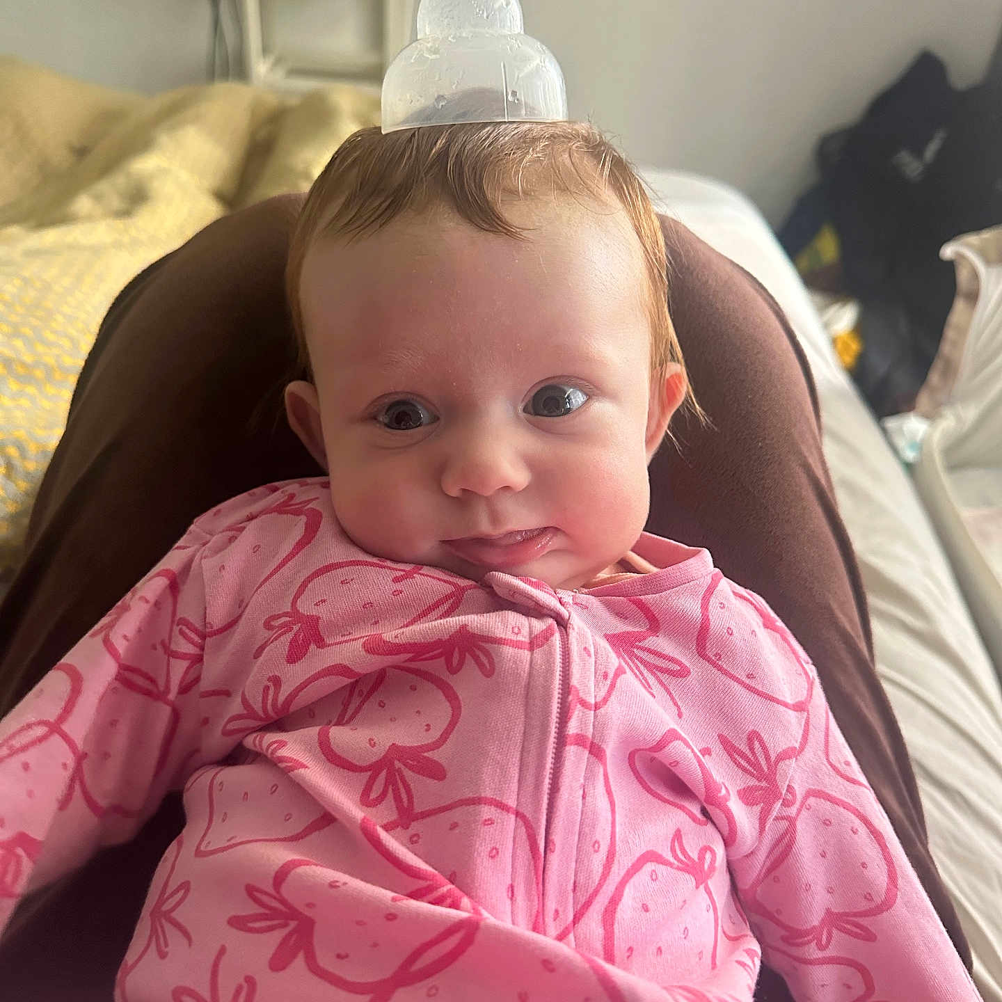 Ava joined the competition — help win amazing prizes! baby, bed, clothing, computerhardware, couch, cushion, electronics, face, furniture, happy, hardware, head, homedecor, monitor, pajamas, person, photography, portrait, screen, smile