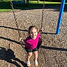 child, swing, playground, outdoor, grass, tree, bench, sunlight, woodchips, smile, sandals, summer, park, happy, girl, clothing, nature, shadow, recreation, fun