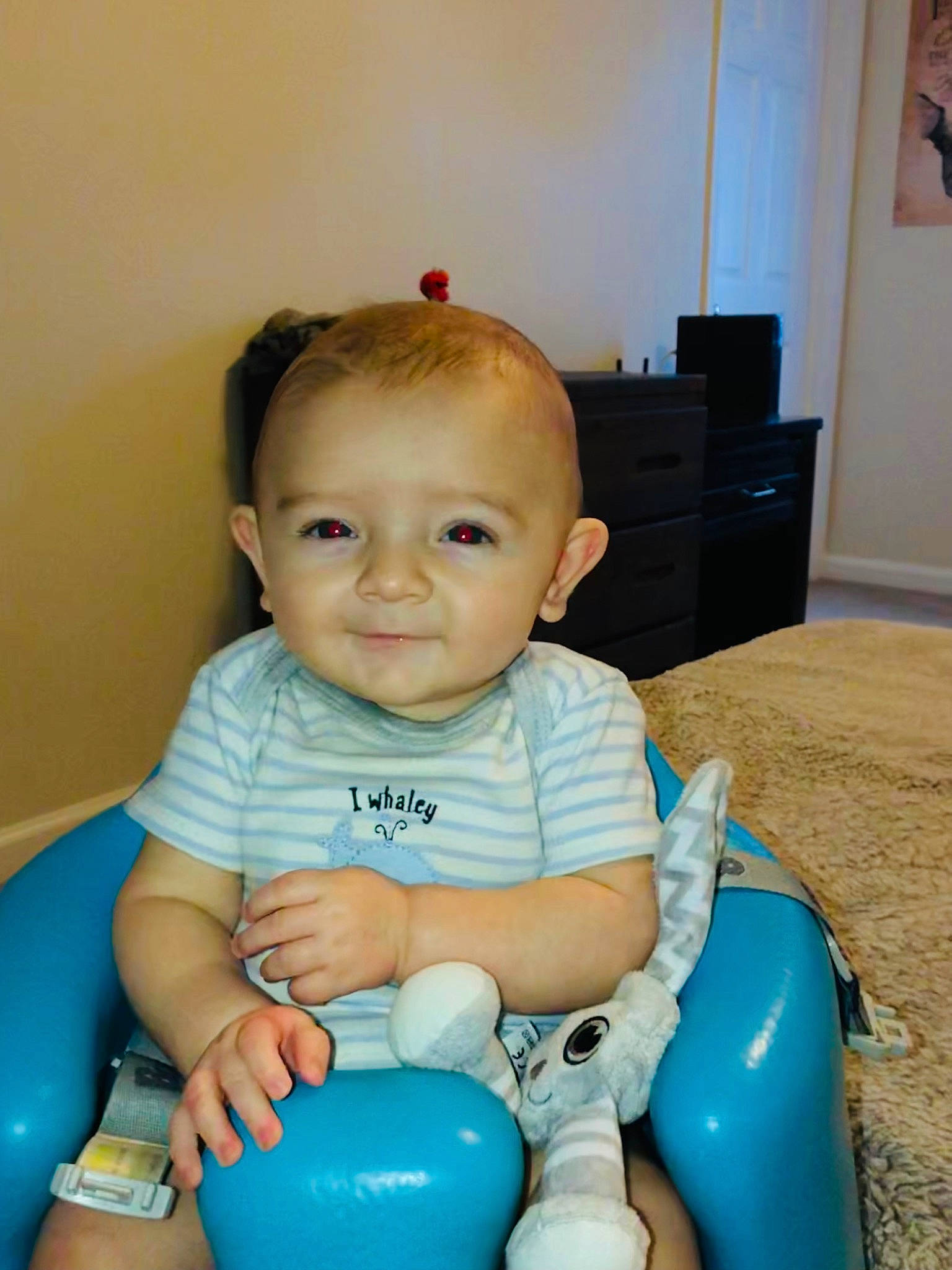 Cole joined the competition — help win amazing prizes! arm, baby, baby_playing_with_toys, baby_toddler_clothing, blue, cabinetry, chest, chest_of_drawers, comfort, drawer, dresser, electric_blue, finger, fun, hairstyle, happy, joy, person, sitting, skin