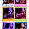 baby, polaroid, collage, diaper, bed, blanket, curious, infant, child, indoors, colorful, frame, notebook_paper, scrapbook_style, portrait, cute, looking_up, multiple_images, soft_lighting, playful