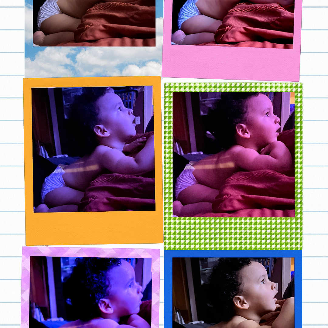 Kymari Briggs is registered to the contest to win money with this photo: baby, diaper, child, polaroid, photo_collage, curly_hair, side_profile, indoor, bed, blanket, colorful_frame, notebook_paper, portrait, cute, infant, lighting_effect, multiple_images, curiosity, skin, expression