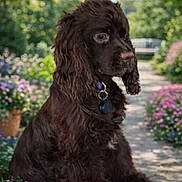 Cocoa is registered to the contest to win money with this photo: animal, brown, canine, collar, cute, dog, flowers, fluffy, garden, greenery, nature, outdoor, pathway, pet, puppy, side_view, sitting, summer, sunlight, young
