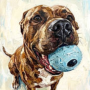 Bailey is registered to the contest to win money with this photo: bulldog, dog, canine, pet, animal, brown_fur, blue_ball, toy, playing, biting, portrait, close_up, painting, artwork, painterly, expressive_eyes, wrinkled_face, short_muzzle, open_mouth, indoor_background