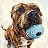 bulldog, dog, canine, pet, animal, brown_fur, blue_ball, toy, playing, biting, portrait, close_up, painting, artwork, painterly, expressive_eyes, wrinkled_face, short_muzzle, open_mouth, indoor_background