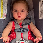 Eliza-Stylez is registered to the contest to win money with this photo: baby, car_seat, child, infant, safety_harness, red_clothing, blue_eyes, straps, black_socks, serious_expression, indoors, closeup, person, seat, child_safety, cute, small_hands, young_child, transportation, infant_clothing
