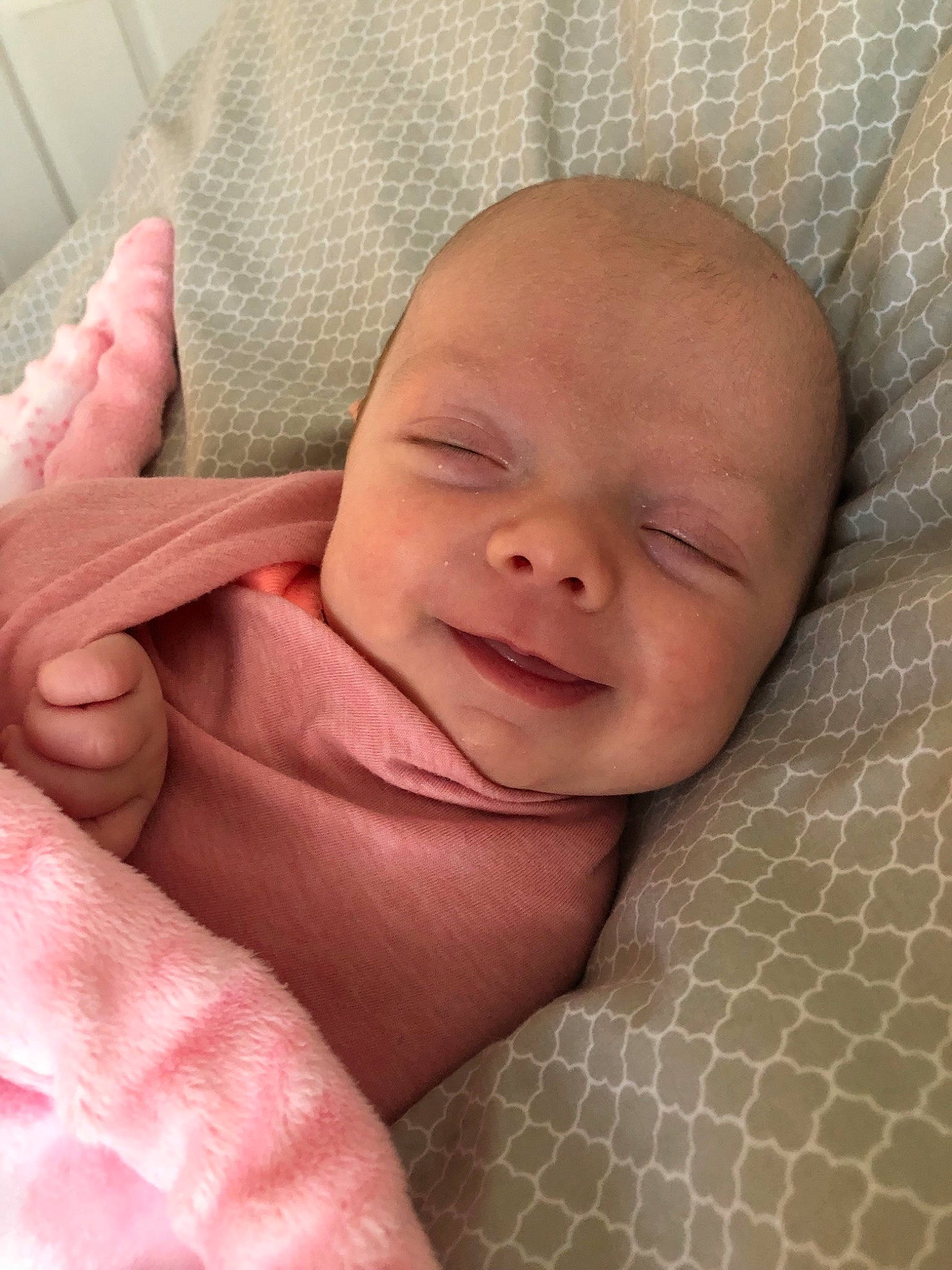 Amelia Grace is registered to the contest to win money with this photo: baby, baby_sleeping, birth, cheek, child, chin, close_up, face, finger, hand, head, lip, mouth, muscle, nose, person, pink, skin, sleep, smile