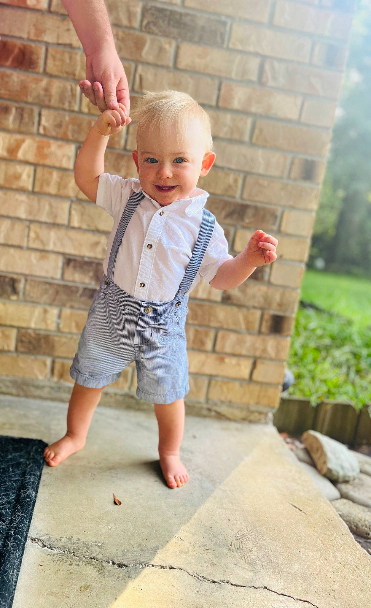 Kyzer joined the competition — help win amazing prizes! baby_toddler_clothing, child, gesture, grass, hand, happy, joint, joy, leg, leisure, people_in_nature, person, plant, shorts, sleeve, smile, standing, summer, t_shirt, toddler