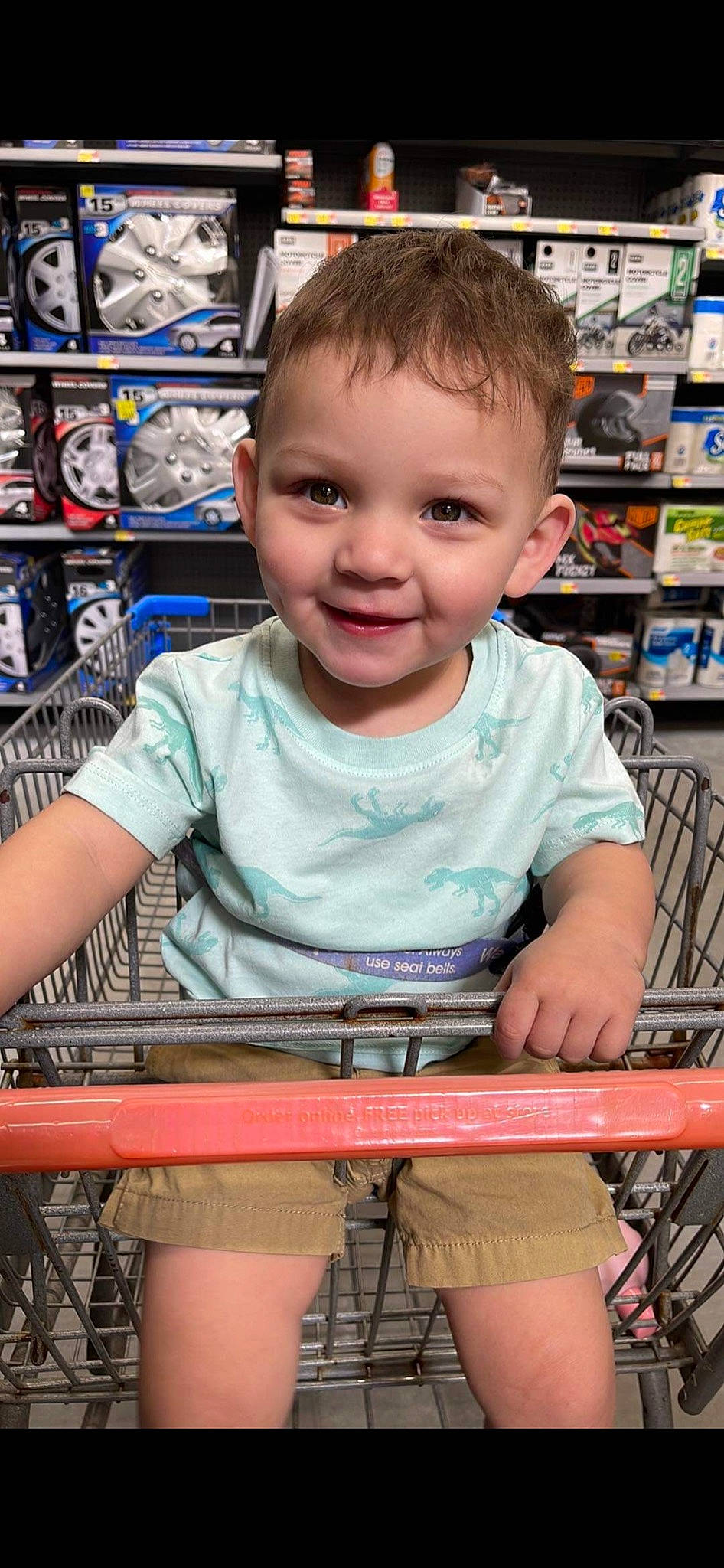 Gael is registered to the contest to win money with this photo: blue, cart, child, chin, fun, hand, joy, organ, people, person, product, retail, shelf, shopping, shopping_cart, skin, smile, standing, t_shirt, toddler