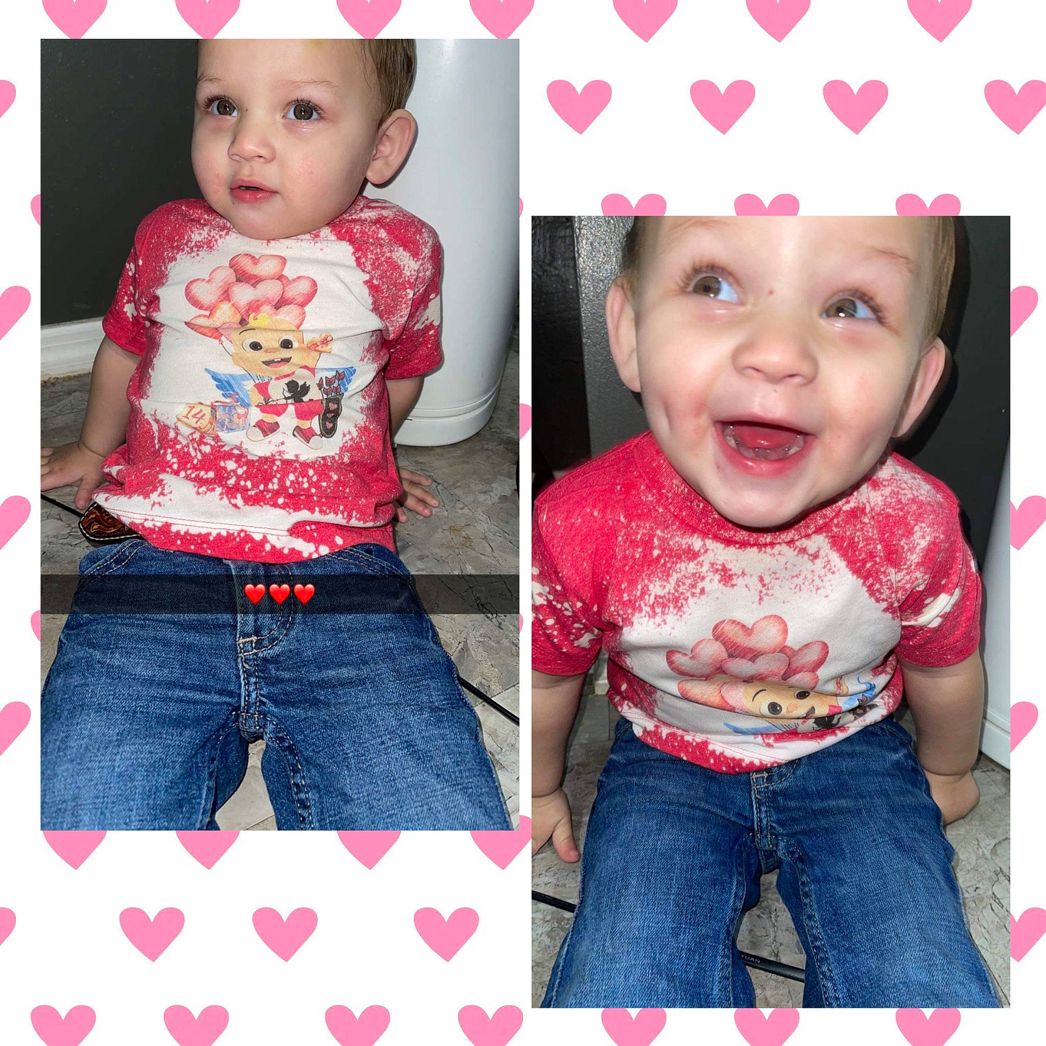 Gael joined the competition — help win amazing prizes! baby_toddler_clothing, clothing, eye, face, facial_expression, head, headwear, jeans, neck, organ, outerwear, person, photograph, pink, product, shirt, skin, sleeve, smile, t_shirt