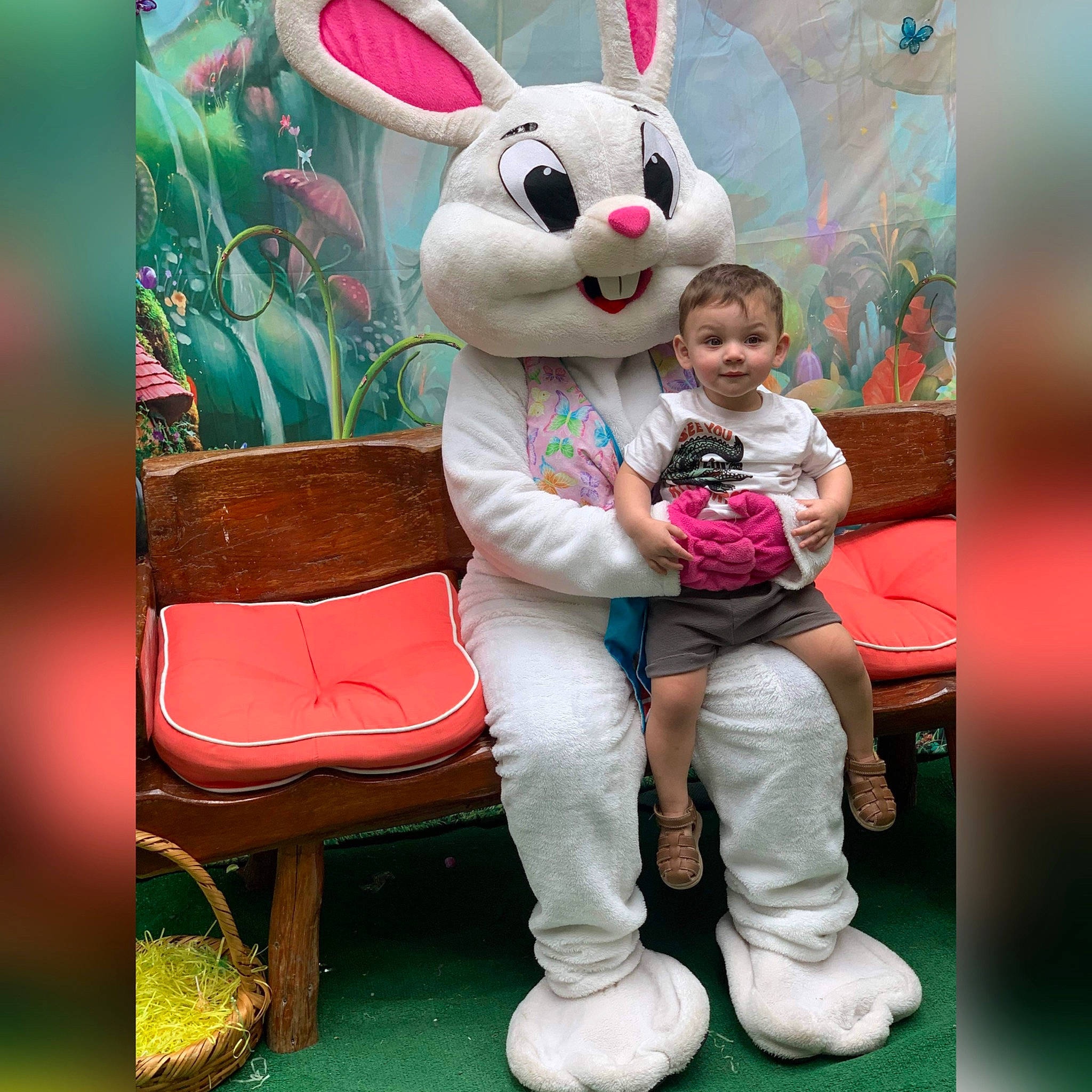Gael is registered to the contest to win money with this photo: art, bag, domestic_rabbit, easter_bunny, event, fun, grass, green, happy, leisure, magenta, person, photograph, pink, rabbit, rabbits_and_hares, snapshot, sneakers, stuffed_toy, toy