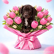 Peanut joined the competition — help win amazing prizes! puppy, dog, flower_bouquet, pink_tulips, pink_wrapping, satin_bow, cute, pet, animal, spring, fresh_flowers, green_leaves, adorable, portrait, small_dog, brown_puppy, floral_arrangement, studio_shot, isolated, gift