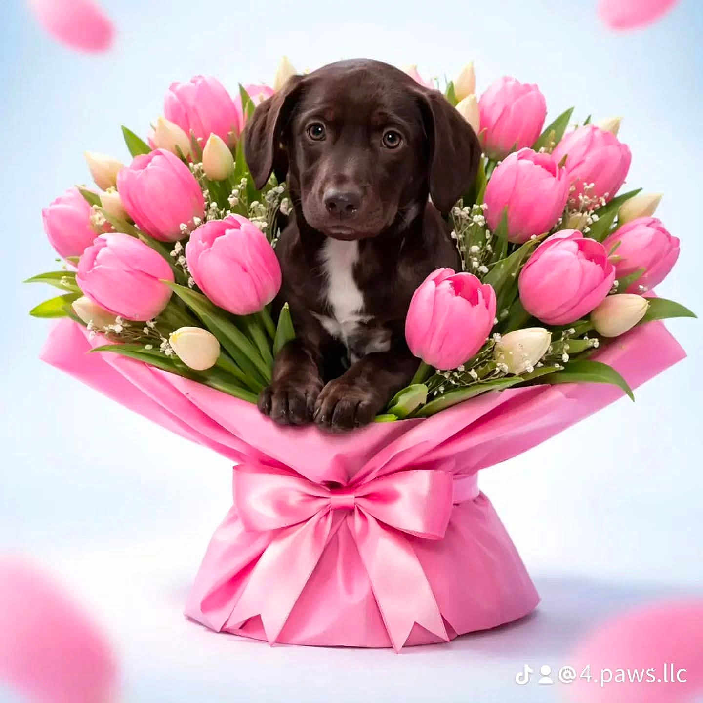 Peanut joined the competition — help win amazing prizes! puppy, dog, flower_bouquet, pink_tulips, pink_wrapping, satin_bow, cute, pet, animal, spring, fresh_flowers, green_leaves, adorable, portrait, small_dog, brown_puppy, floral_arrangement, studio_shot, isolated, gift
