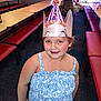 child, girl, party_hat, blue_dress, smiling, indoor, bench, table, carpet, playful, celebration, birthday, crown, happy, person, people, fun, event, young, casual