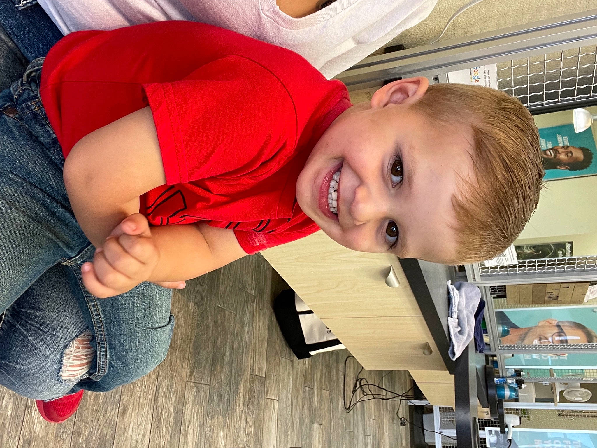 Brantley joined the competition — help win amazing prizes! baby_toddler_clothing, child, clothing, comfort, flooring, fun, happy, human_leg, joy, leisure, machine, mouth, nose, person, sitting, skin, smile, t_shirt, toddler, wood