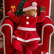 Lina participe au concours pour gagner de l'argent avec cette photo : baby, child, christmas, santa_hat, red_clothing, plush_chair, gift_boxes, holiday, festive, pacifier, indoors, carpet, decorations, cute, portrait, holiday_outfit, celebration, smiling, seasonal, festivity