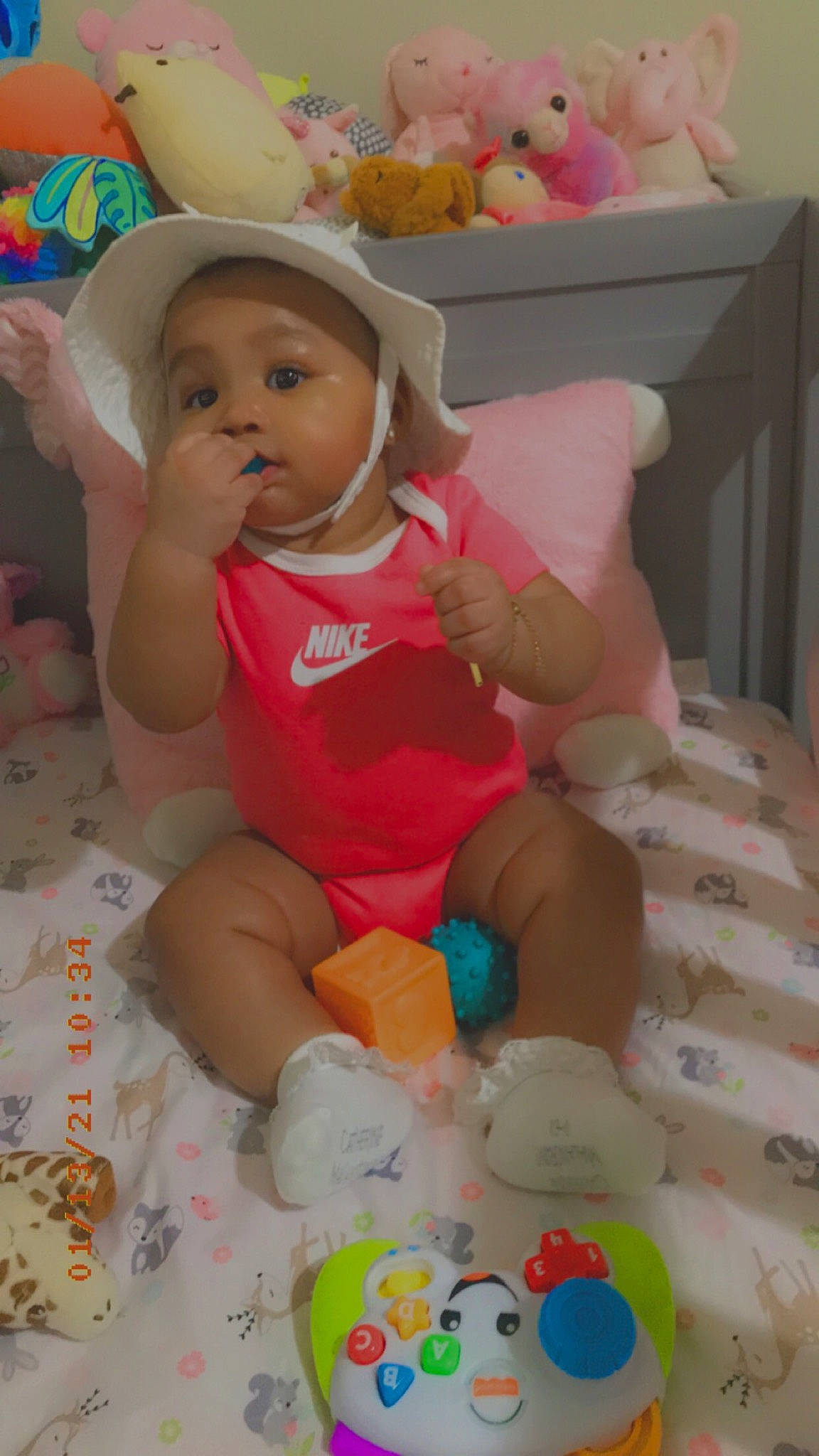 Secret joined the competition — help win amazing prizes! baby, baby_products, baby_toddler_clothing, baby_toys, bed, bed_sheet, child, comfort, foot, hand, human, human_body, linens, nose, person, pink, room, sock, stuffed_toy, toddler