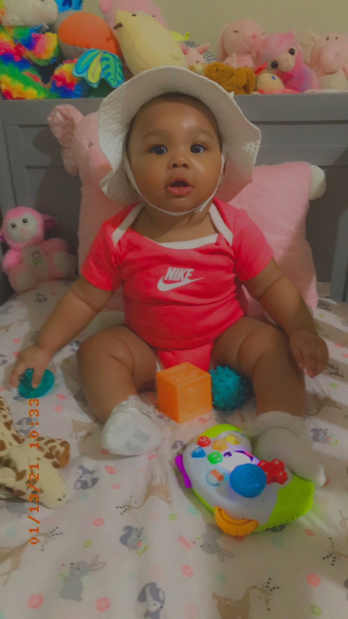 Secret joined the competition — help win amazing prizes! baby, baby_playing_with_toys, baby_products, baby_toddler_clothing, baby_toys, child, doll, hat, party_supply, peach, person, pink, plastic, plush, room, sock, stuffed_toy, sun_hat, toddler, toy