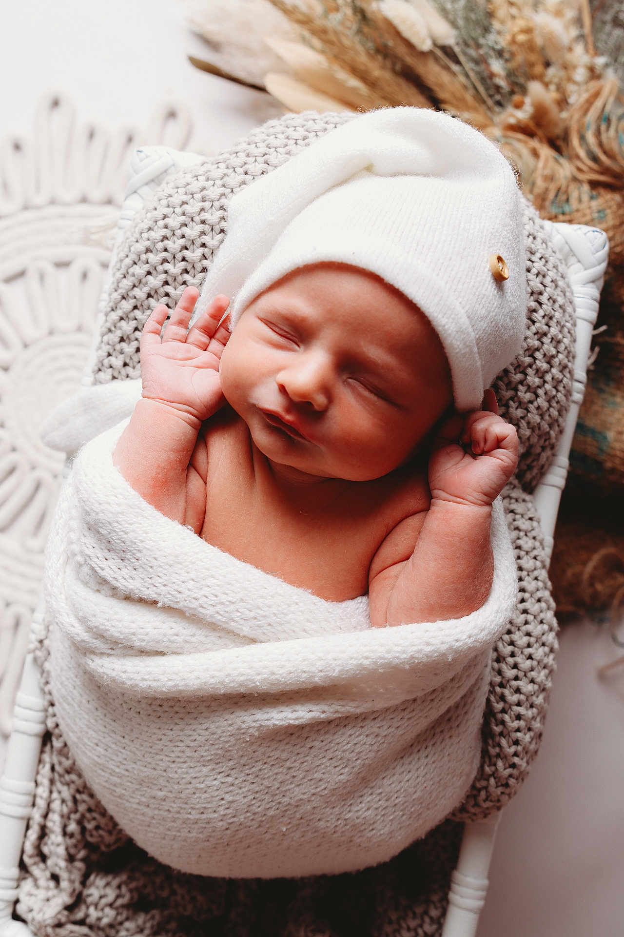 Teddy joined the competition — help win amazing prizes! newborn, baby, sleeping, wrapped, blanket, white_hat, knit, cushion, soft_texture, peaceful, closeup, infant, resting, cozy, indoors, portrait, cute, tiny_hands, sleep, baby_bed