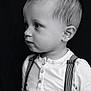 Raphaël participe au concours pour gagner de l'argent avec cette photo : child, toddler, portrait, black_and_white, side_profile, suspenders, shirt, baby, infant, closeup, face, ear, eyes, gaze, pensive, studio, short_hair, blond_hair, minimal_background, fashion