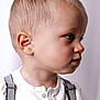 Raphaël participe au concours pour gagner de l'argent avec cette photo : child, toddler, side_profile, face, blond_hair, short_hair, ear, nose, eye, eyelashes, white_shirt, suspenders, buttons, portrait, close_up, studio_background, soft_lighting, curtain, innocent, thoughtful