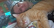 Morris joined the competition — help win amazing prizes! person, cat, orange_tabby, blanket, indoor, bedroom, portrait, sleeping_cat, cozy, resting, cute, animal, pet, human, casual, colorful_background, cartoon_wall, headwear, smiling, relaxing