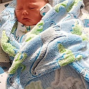Gabriel joined the competition — help win amazing prizes! baby, newborn, sleeping, blanket, blue_blanket, dinosaur_pattern, infant, bed, mattress, soft_texture, cozy, child, wrapped, cute, peaceful, indoors, portrait, resting, face, head
