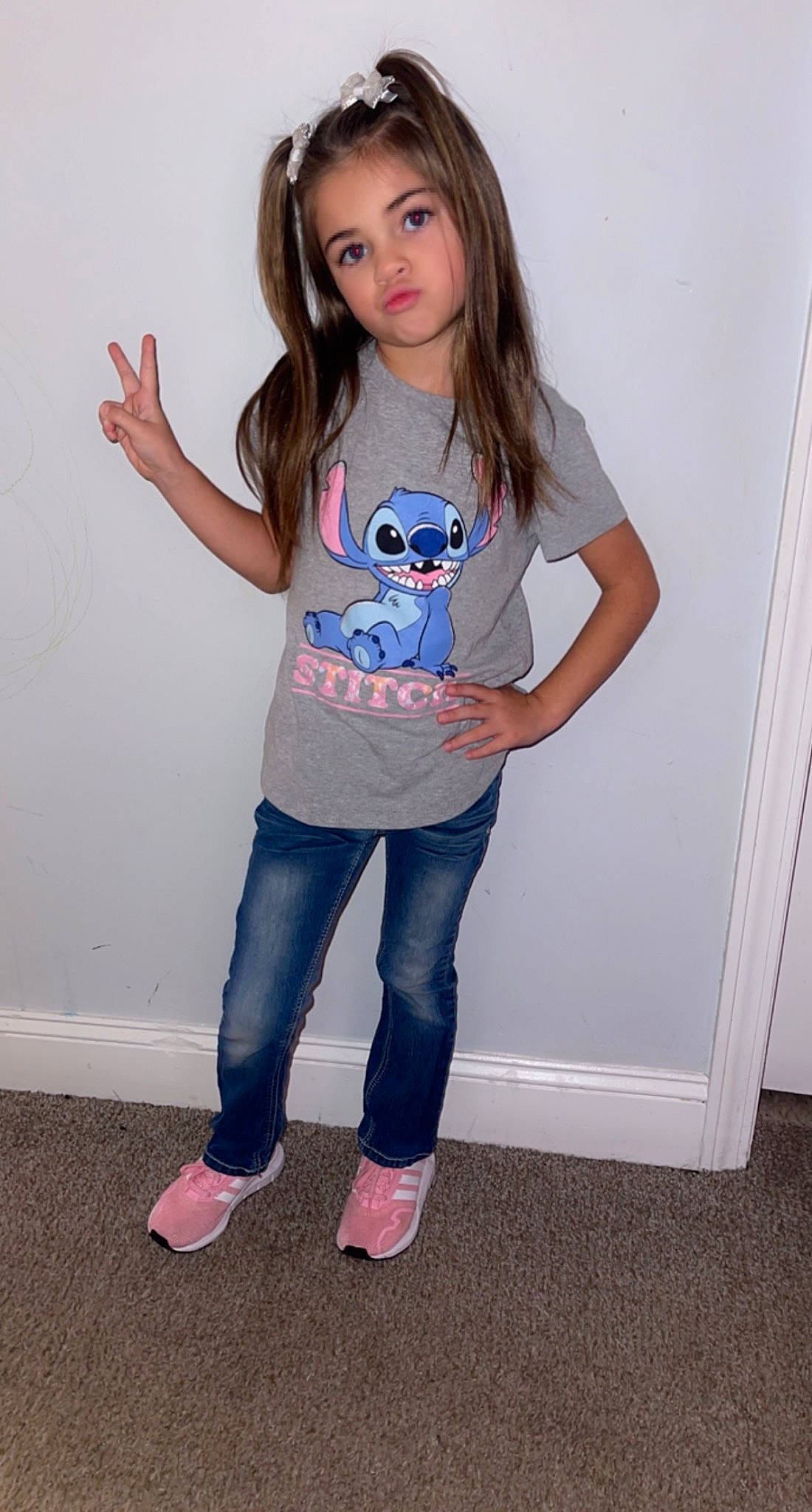 Kenslie is registered to the contest to win money with this photo: denim, electric_blue, face, fashion_design, fun, happy, human_leg, joint, knee, leg, long_hair, magenta, neck, person, pink, shoulder, sleeve, t_shirt, thigh, trunk