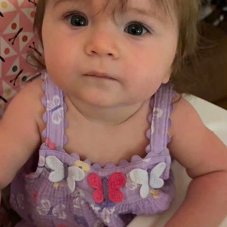 Charleigh Bloom is registered to the contest to win money with this photo: baby, child, high_chair, purple_outfit, bow, butterfly, curly_hair, indoor, cute, looking_at_camera, infant, young_child, portrait, skin, face, hand, sitting, clothing, expression, person