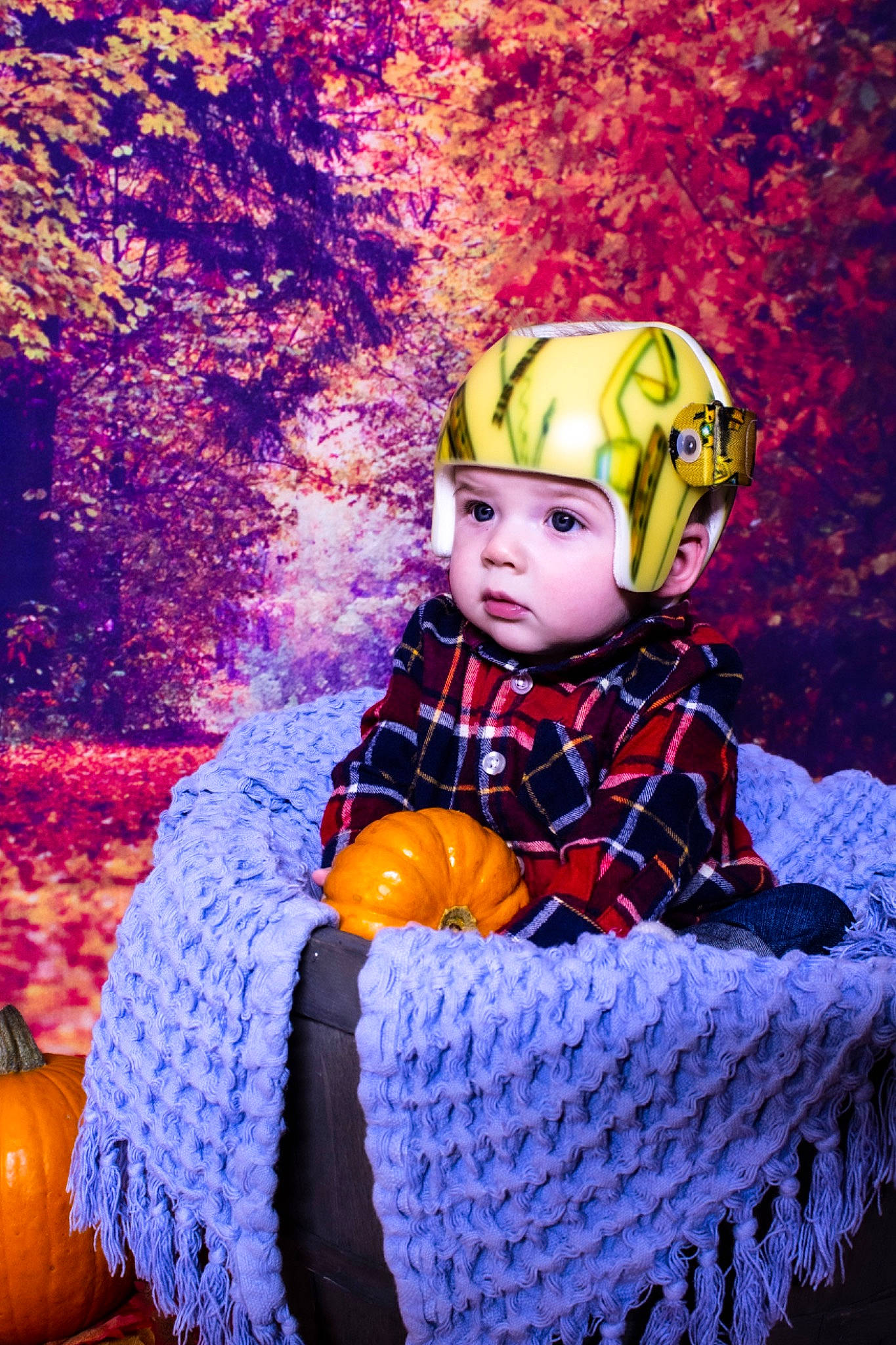 Ronin joined the competition — help win amazing prizes! baby, baby_toddler_clothing, calabaza, child, cucurbita, face, fun, gourd, grass, headgear, headwear, human_body, magenta, people_in_nature, person, personal_protective_equipment, plant, pumpkin, purple, toddler