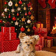Mya is registered to the contest to win money with this photo: dog, christmas_tree, presents, fireplace, stockings, holiday, decorations, lights, cozy, indoor, rug, festive, warm, wood, red, green, gold, cute, pet, fur